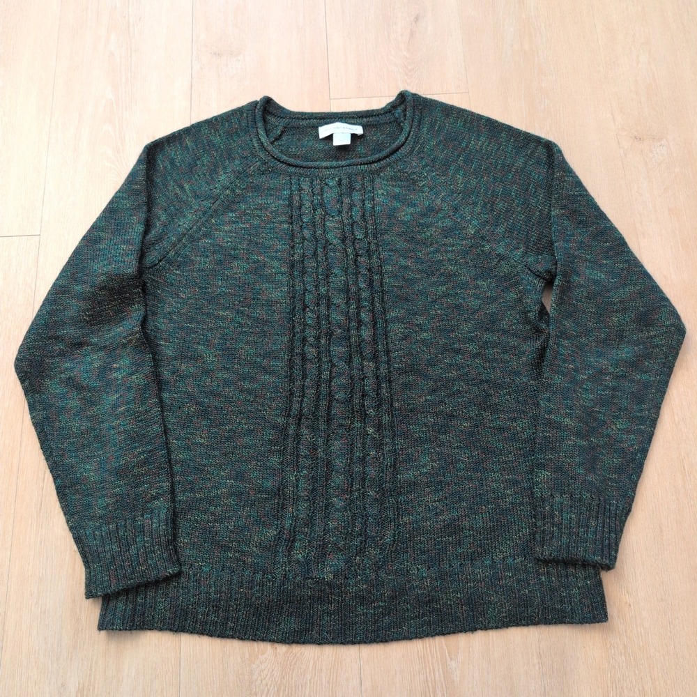 VTG Christopher & Banks Womens Large Green Marl Cable Knit Crew Neck Sweater